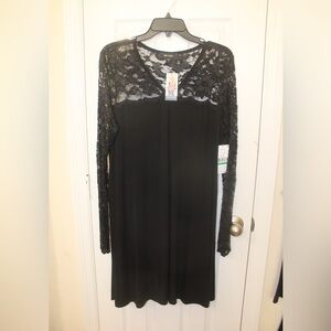 Karen Kane Large Elegant Black Dress with lace long sleeves NEW